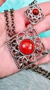 Rare & Unique Vintage Designer 2 Detachable Pendents with Red Coral Stones set in Silvertone Necklace