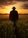 Rare view of a man in jacket and hat in the wheat field at sunset. Beautiful orange cloudy sky at backdrop. Generative AI