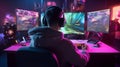 Rare view of pro gamer in headphones live streaming while playing online computer game, neon lights, esports concept