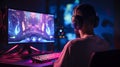 Rare view of pro gamer in headphones live streaming while playing online computer game, neon lights, esports concept