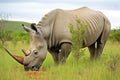 a rare white rhino grazing on grassland