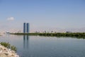 Apartments for rent in Ras al Khaimah, United Arab Emirates across the Corniche in front of the mountains on a beautiful clear sun