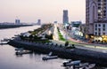 Ras Al Khaimah, United Arab Emirates - March 3, 2018: Ras Al Khaimah Corniche road and creek at dusk