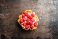 Rasberry cake decorated with fresh ripe berries on the rustic background