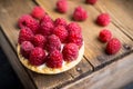 Rasberry cake decorated with fresh ripe berries on the rustic background. Selective focus.