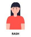 Rash icon vector. Unhappy girl with rash and acne on her face. Woman is infected by rubella, measles. Allergy, eczema