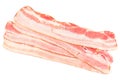 Rasher or smoked sliced bacon ready for cooking. Four pieces of pork belly, isolated on a white background, close-up