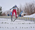 Rasnov, Romania - February 7: Unknown ski jumper competes in the FIS Ski Jumping World Cup Ladies on February 7, 2015 in Rasnov Royalty Free Stock Photo