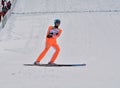 Rasnov, Romania - February 7: Unknown ski jumper competes in the FIS Ski Jumping World Cup Ladies on February 7, 2015 in Rasnov Royalty Free Stock Photo