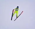 Rasnov, Romania - February 7: Unknown ski jumper competes in the FIS Ski Jumping World Cup Ladies on February 7, 2015 in Rasnov Royalty Free Stock Photo