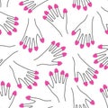 Raspberries on all fingers hand seamless pattern. Cute funny girlish illustration with raspberries nails.