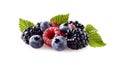 Raspberries with blueberries and blackberries Isolated on White Background. Ripe berries isolated