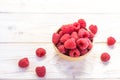 Raspberries bowl on rustic wood background, top view with copy space. Organic berries on wooden table