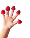 Raspberries on children fingers isolated on white