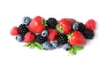 Raspberries and different berries on white background