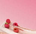 Raspberries float in a stream of yogurt Presentation of dairy products flavored 3d render on color gradient