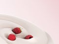 Raspberries float in a yogurt Presentation of dairy products flavored 3d render image on color gradient