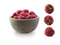 Raspberries isolated on white background. Raspberries on wooden bowl. Raspberry with copy space for text. Juicy and delicious rasp