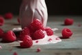 Raspberries In The Milk Splashed. Generative AI