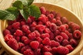 Raspberries in a plate,in wooden bowl,basket/bush branch/growing Royalty Free Stock Photo