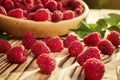 Raspberries in a plate,in wooden bowl,basket/bush branch/growing Royalty Free Stock Photo