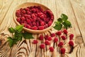 Raspberries in a plate,in wooden bowl,basket/bush branch/growing Royalty Free Stock Photo