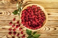 Raspberries in a plate,in wooden bowl,basket/bush branch/growing Royalty Free Stock Photo