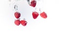 Raspberries splashing into crystal clear water with air bubbles Royalty Free Stock Photo