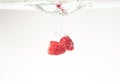 Raspberries splashing into crystal clear water with air bubbles background Royalty Free Stock Photo