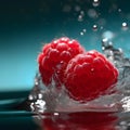 Raspberries splashing into crystal clear water with air bubbles Royalty Free Stock Photo