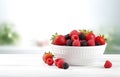 raspberries, strawberries, blackberries, wild strawberries, blueberries on white plate on white wooden table for food card design Royalty Free Stock Photo