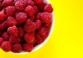 Raspberries in a white plate on a yellow background Royalty Free Stock Photo