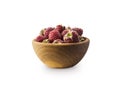 Raspberries in a wooden bowl isolated on white background. Raspberry closeup. Vegetarian or healthy eating. Juicy and delicious ra Royalty Free Stock Photo