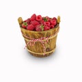 Raspberries in a wooden bucket on white background