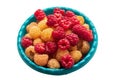 Raspberries of yellow and red colors in a plastic dish, a cup Royalty Free Stock Photo