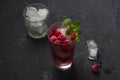 Raspberry alcoholic cocktail with liqueur, vodka, ice and mint on a dark background. Raspberry Mojito. Refreshing cool drink, Royalty Free Stock Photo