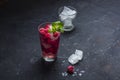 Raspberry alcoholic cocktail with liqueur, vodka, ice and mint on a dark background. Raspberry Mojito. Refreshing cool drink, Royalty Free Stock Photo