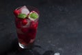 Raspberry alcoholic cocktail with liqueur, vodka, ice and mint on a dark background. Raspberry Mojito. Refreshing cool drink, Royalty Free Stock Photo