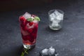 Raspberry alcoholic cocktail with liqueur, vodka, ice and mint on a dark background. Raspberry Mojito. Refreshing cool drink, Royalty Free Stock Photo