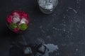 Raspberry alcoholic cocktail with liqueur, vodka, ice and mint on a dark background. Raspberry Mojito. Refreshing cool drink, Royalty Free Stock Photo