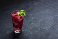 Raspberry alcoholic cocktail with liqueur, vodka, ice and mint on a dark background. Raspberry Mojito. Refreshing cool drink, Royalty Free Stock Photo