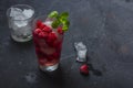 Raspberry alcoholic cocktail with liqueur, vodka, ice and mint on a dark background. Raspberry Mojito. Refreshing cool drink, Royalty Free Stock Photo