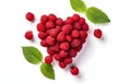 raspberry berry heart shape with leaves isolated on white background top view