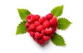 raspberry berry heart shape with leaves isolated on white background top view