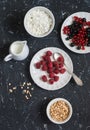 Raspberry, black currant, cottage cheese, cream, honey, meringue - tasty breakfast or snack. Royalty Free Stock Photo