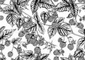 Raspberry or blackberry. Ripe berries on branch. Seamless pattern, background