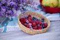 Raspberry and blueberry berries in a wicker basket and a bouquet of lavender on a plaid. A summer picnic Royalty Free Stock Photo