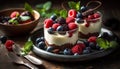 Raspberry and blueberry parfait, a fresh and healthy gourmet dessert generated by AI