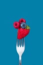 Raspberry, blueberry and strawberry on fork against blue background. Healthy eating concept. Summer food Royalty Free Stock Photo