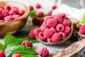 Raspberry in a bowl and in a plate, berries and leaves